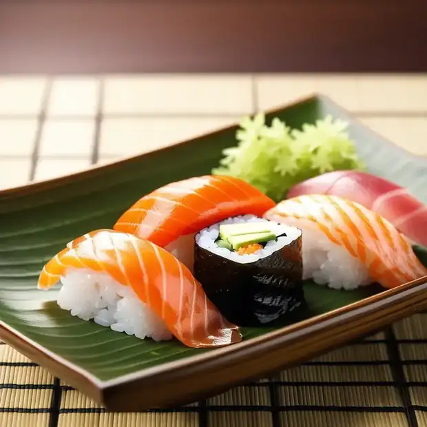 Nigiri und Maki auf einem Bambusblatt Nigiri und Maki auf einem Bambusblatt
